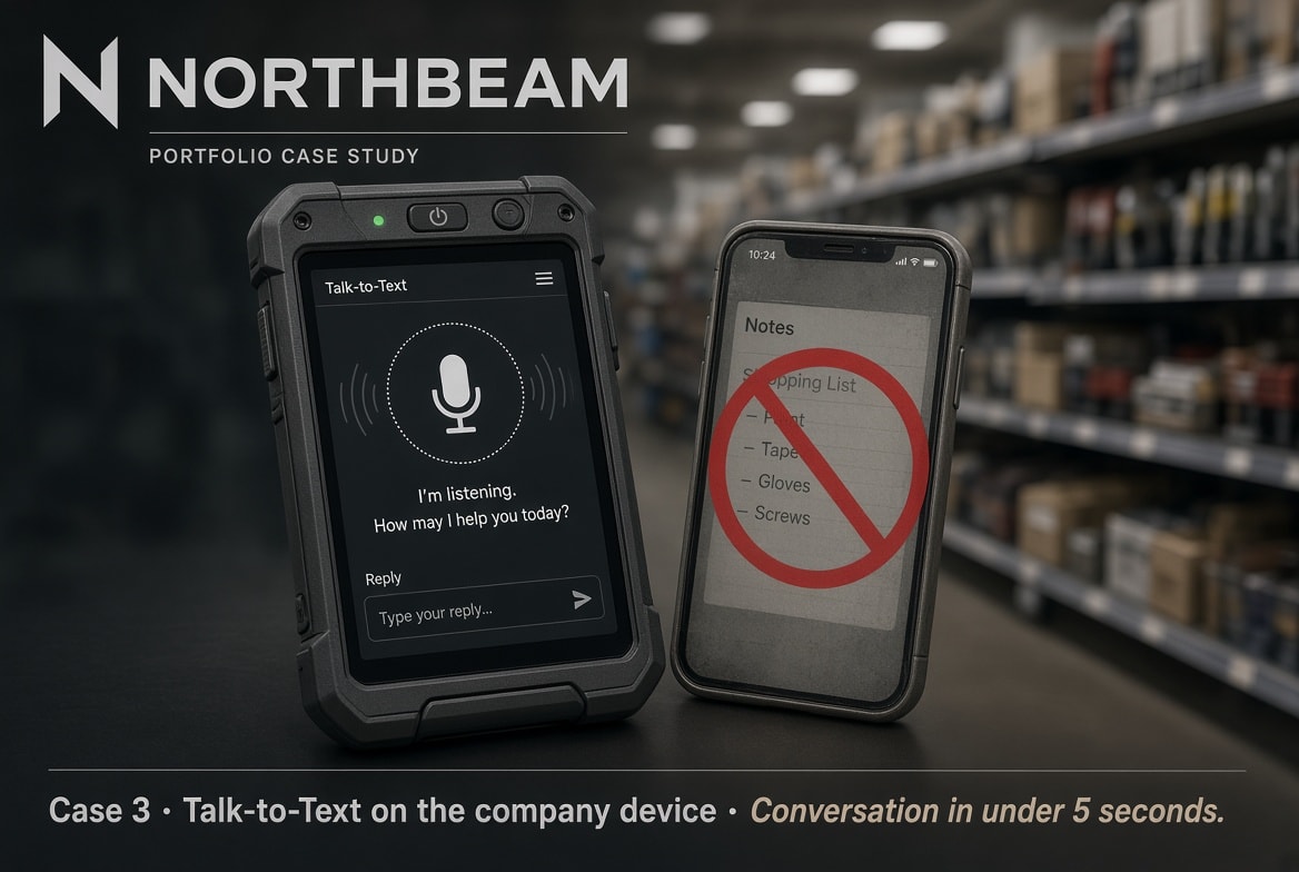 Company handheld Talk-to-Text vs personal phone. Reconstruction. Not production UI.